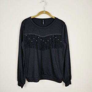 Noble U Black Fringe Crewneck Sweatshirt Top